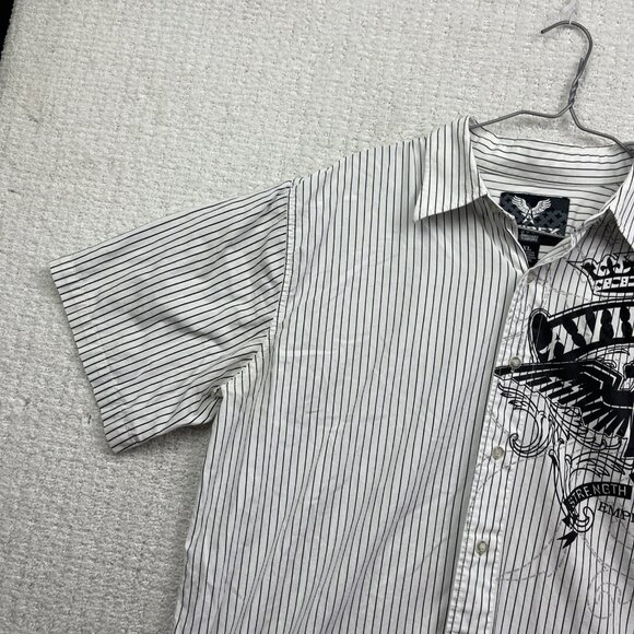 Y2K Avirex  Button Up Shirt Mens XL Short Sleeve Striped White Grunge Graphic** - Picture 3 of 15